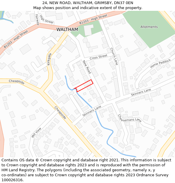 24, NEW ROAD, WALTHAM, GRIMSBY, DN37 0EN: Location map and indicative extent of plot