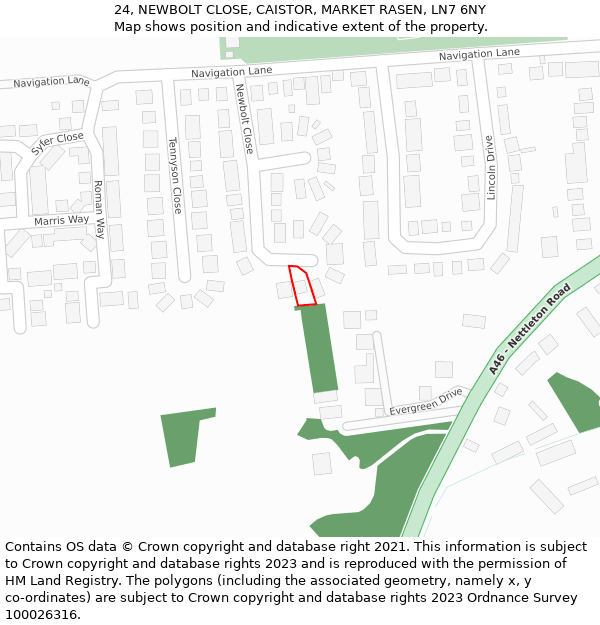 24, NEWBOLT CLOSE, CAISTOR, MARKET RASEN, LN7 6NY: Location map and indicative extent of plot