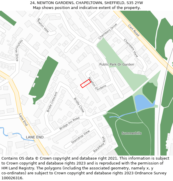 24, NEWTON GARDENS, CHAPELTOWN, SHEFFIELD, S35 2YW: Location map and indicative extent of plot