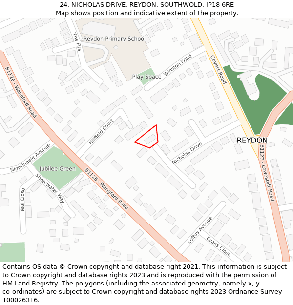 24, NICHOLAS DRIVE, REYDON, SOUTHWOLD, IP18 6RE: Location map and indicative extent of plot