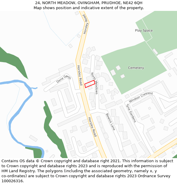 24, NORTH MEADOW, OVINGHAM, PRUDHOE, NE42 6QH: Location map and indicative extent of plot