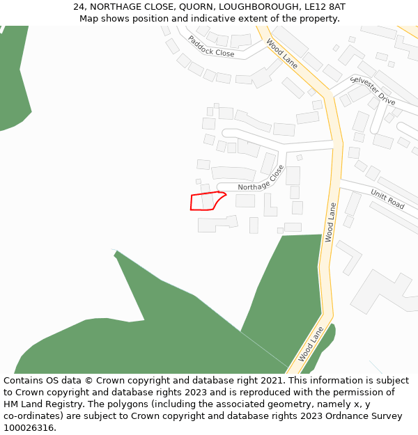 24, NORTHAGE CLOSE, QUORN, LOUGHBOROUGH, LE12 8AT: Location map and indicative extent of plot
