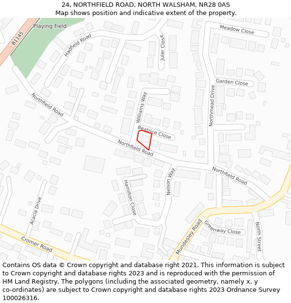 24, NORTHFIELD ROAD, NORTH WALSHAM, NR28 0AS: Location map and indicative extent of plot