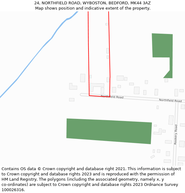 24, NORTHFIELD ROAD, WYBOSTON, BEDFORD, MK44 3AZ: Location map and indicative extent of plot