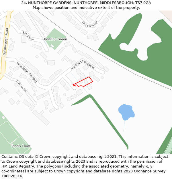 24, NUNTHORPE GARDENS, NUNTHORPE, MIDDLESBROUGH, TS7 0GA: Location map and indicative extent of plot