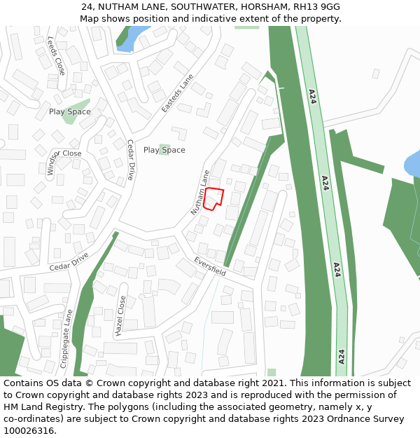 24, NUTHAM LANE, SOUTHWATER, HORSHAM, RH13 9GG: Location map and indicative extent of plot