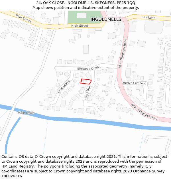 24, OAK CLOSE, INGOLDMELLS, SKEGNESS, PE25 1QQ: Location map and indicative extent of plot