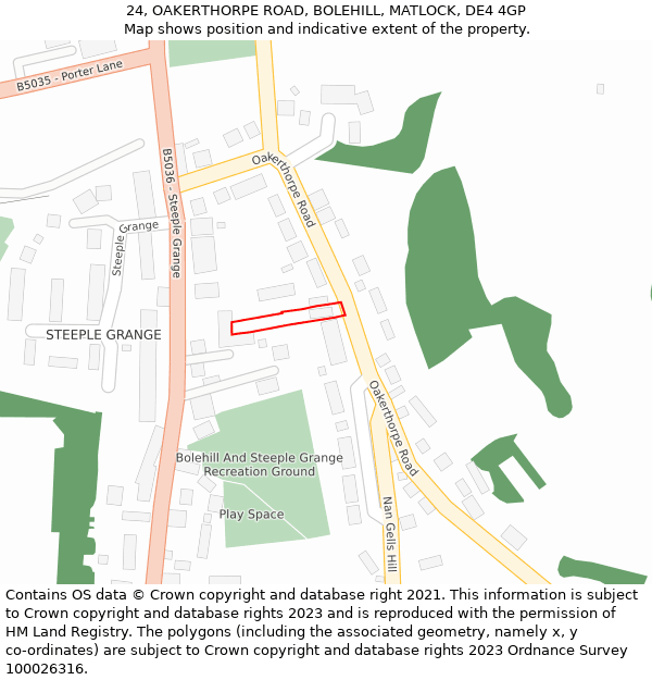 24, OAKERTHORPE ROAD, BOLEHILL, MATLOCK, DE4 4GP: Location map and indicative extent of plot