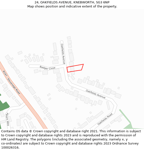 24, OAKFIELDS AVENUE, KNEBWORTH, SG3 6NP: Location map and indicative extent of plot