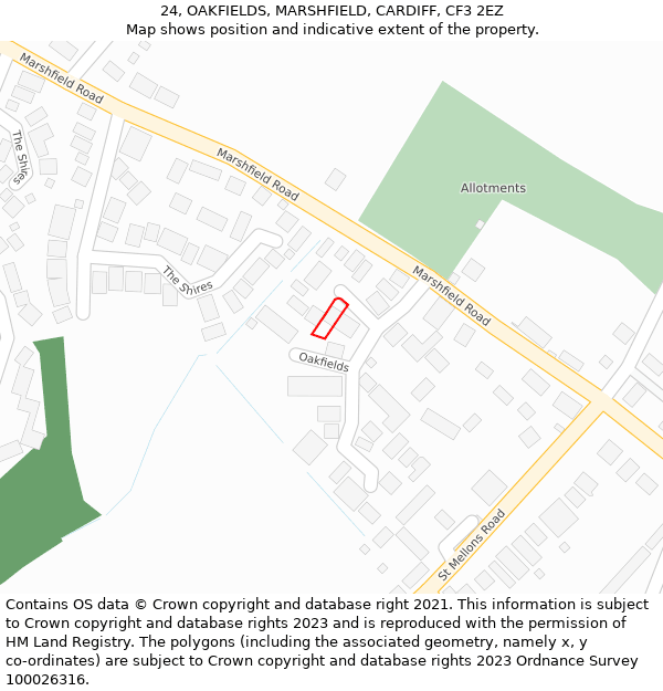 24, OAKFIELDS, MARSHFIELD, CARDIFF, CF3 2EZ: Location map and indicative extent of plot