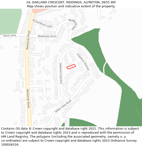 24, OAKLAND CRESCENT, RIDDINGS, ALFRETON, DE55 4EF: Location map and indicative extent of plot