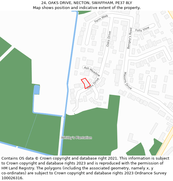 24, OAKS DRIVE, NECTON, SWAFFHAM, PE37 8LY: Location map and indicative extent of plot