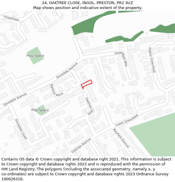 24, OAKTREE CLOSE, INGOL, PRESTON, PR2 3UZ: Location map and indicative extent of plot