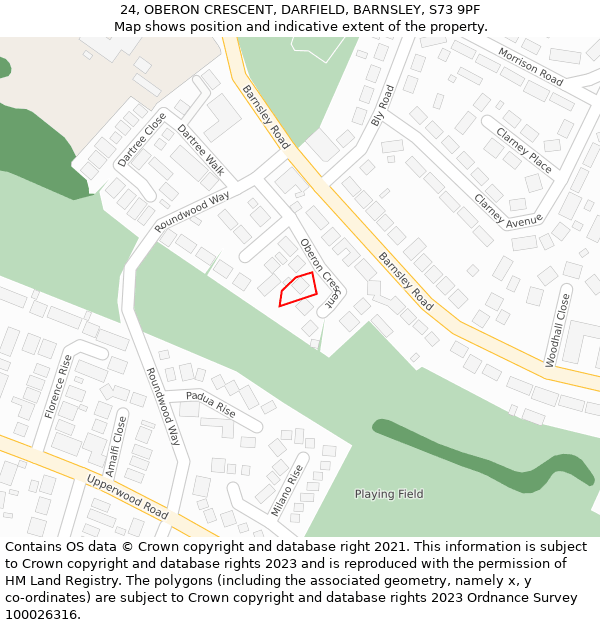 24, OBERON CRESCENT, DARFIELD, BARNSLEY, S73 9PF: Location map and indicative extent of plot