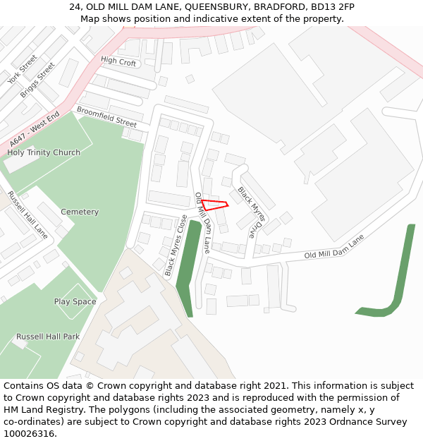 24, OLD MILL DAM LANE, QUEENSBURY, BRADFORD, BD13 2FP: Location map and indicative extent of plot