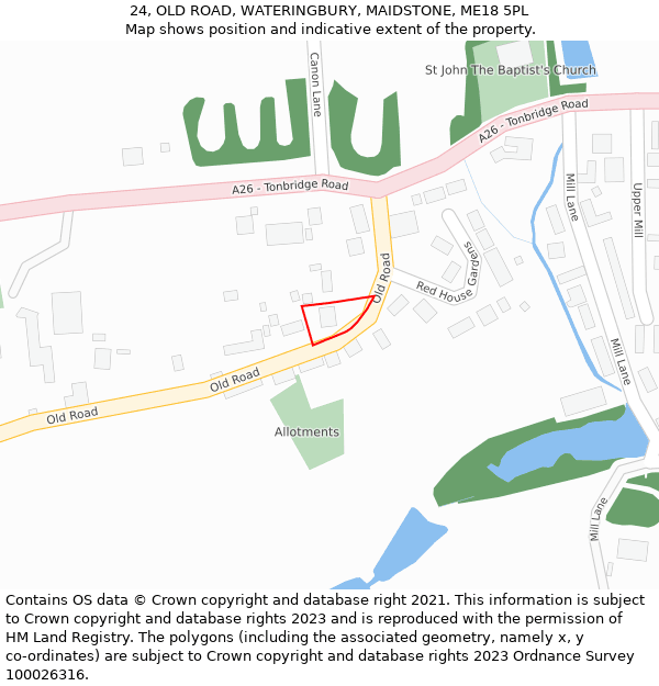 24, OLD ROAD, WATERINGBURY, MAIDSTONE, ME18 5PL: Location map and indicative extent of plot