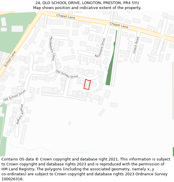 24, OLD SCHOOL DRIVE, LONGTON, PRESTON, PR4 5YU: Location map and indicative extent of plot