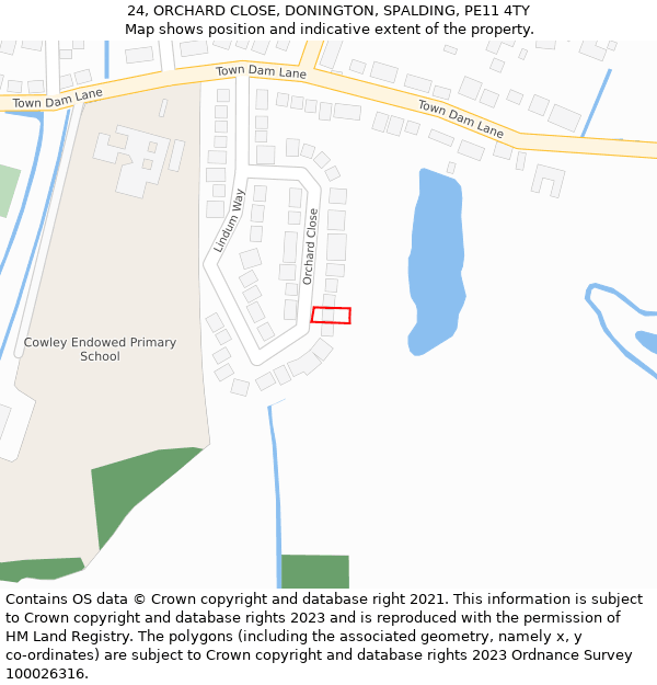 24, ORCHARD CLOSE, DONINGTON, SPALDING, PE11 4TY: Location map and indicative extent of plot