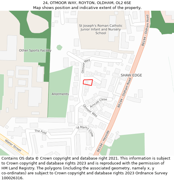 24, OTMOOR WAY, ROYTON, OLDHAM, OL2 6SE: Location map and indicative extent of plot