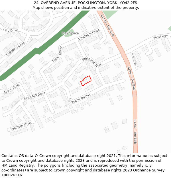 24, OVEREND AVENUE, POCKLINGTON, YORK, YO42 2FS: Location map and indicative extent of plot