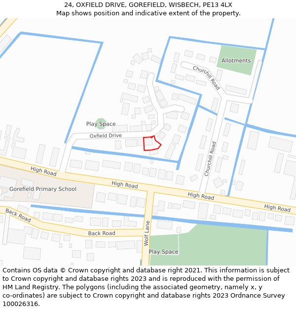 24, OXFIELD DRIVE, GOREFIELD, WISBECH, PE13 4LX: Location map and indicative extent of plot