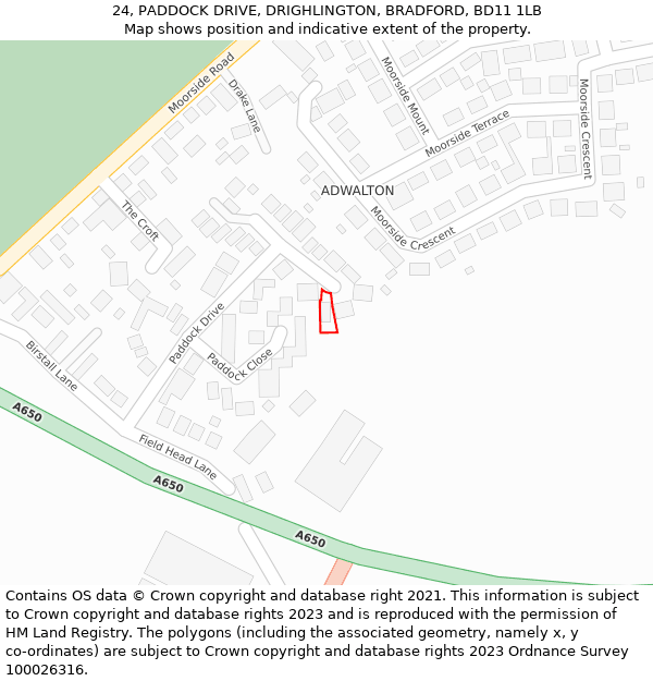 24, PADDOCK DRIVE, DRIGHLINGTON, BRADFORD, BD11 1LB: Location map and indicative extent of plot