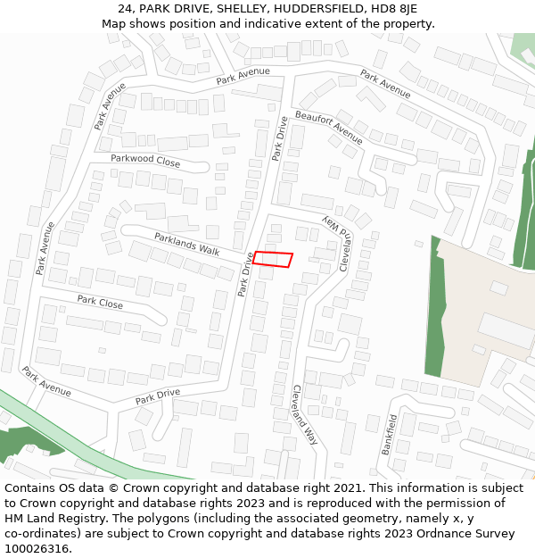 24, PARK DRIVE, SHELLEY, HUDDERSFIELD, HD8 8JE: Location map and indicative extent of plot