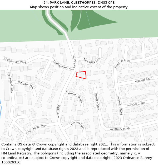 24, PARK LANE, CLEETHORPES, DN35 0PB: Location map and indicative extent of plot