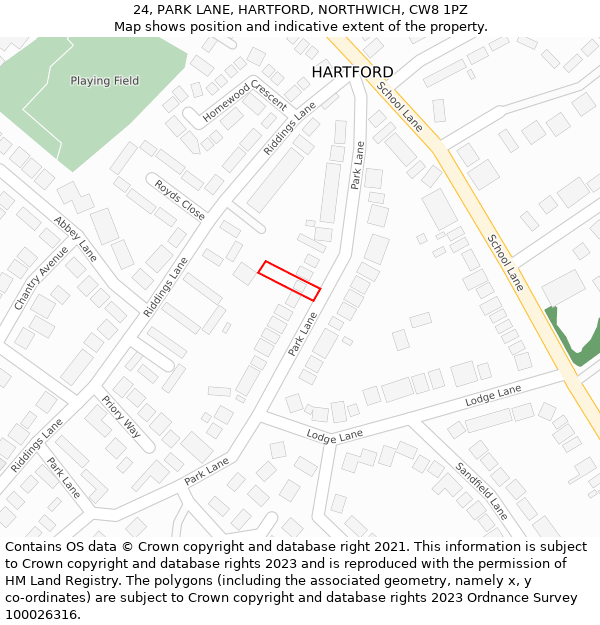 24, PARK LANE, HARTFORD, NORTHWICH, CW8 1PZ: Location map and indicative extent of plot