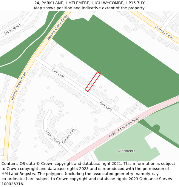 24, PARK LANE, HAZLEMERE, HIGH WYCOMBE, HP15 7HY: Location map and indicative extent of plot