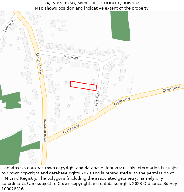 24, PARK ROAD, SMALLFIELD, HORLEY, RH6 9RZ: Location map and indicative extent of plot