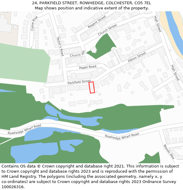 24, PARKFIELD STREET, ROWHEDGE, COLCHESTER, CO5 7EL: Location map and indicative extent of plot