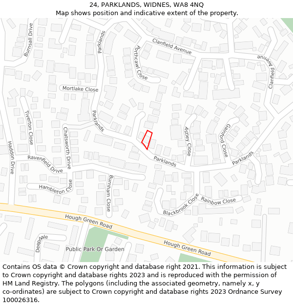 24, PARKLANDS, WIDNES, WA8 4NQ: Location map and indicative extent of plot