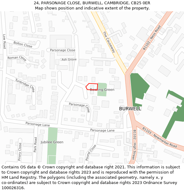24, PARSONAGE CLOSE, BURWELL, CAMBRIDGE, CB25 0ER: Location map and indicative extent of plot