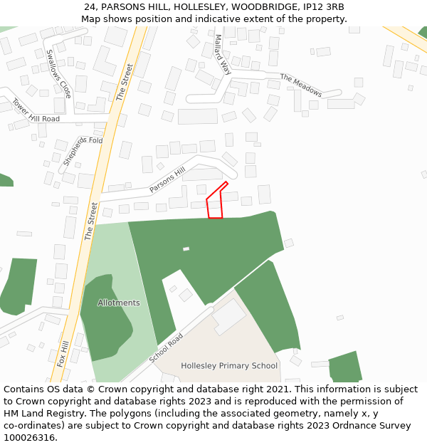 24, PARSONS HILL, HOLLESLEY, WOODBRIDGE, IP12 3RB: Location map and indicative extent of plot