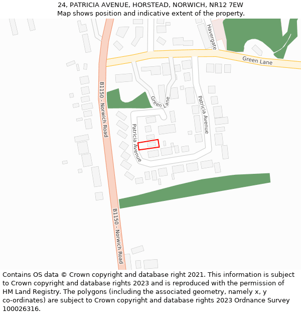 24, PATRICIA AVENUE, HORSTEAD, NORWICH, NR12 7EW: Location map and indicative extent of plot