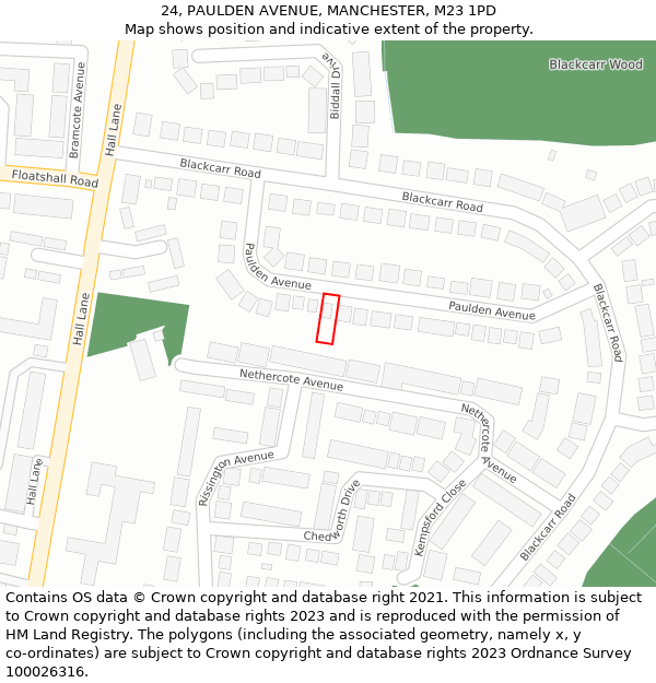 24, PAULDEN AVENUE, MANCHESTER, M23 1PD: Location map and indicative extent of plot