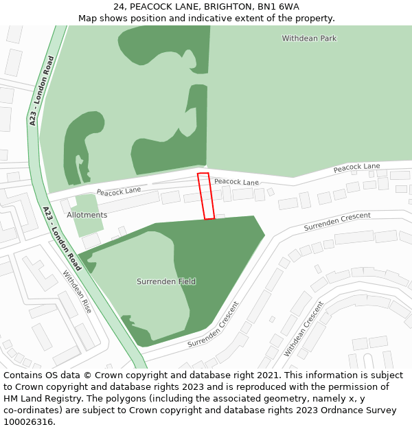 24, PEACOCK LANE, BRIGHTON, BN1 6WA: Location map and indicative extent of plot