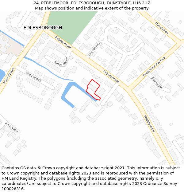 24, PEBBLEMOOR, EDLESBOROUGH, DUNSTABLE, LU6 2HZ: Location map and indicative extent of plot