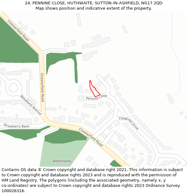 24, PENNINE CLOSE, HUTHWAITE, SUTTON-IN-ASHFIELD, NG17 2QD: Location map and indicative extent of plot