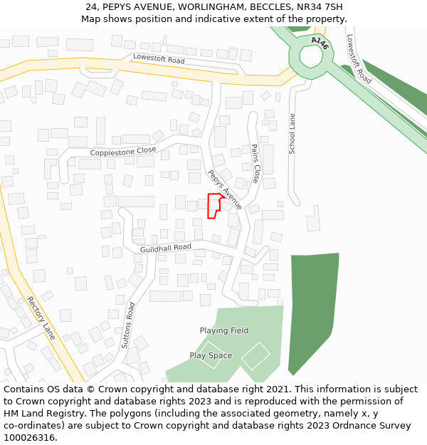 24, PEPYS AVENUE, WORLINGHAM, BECCLES, NR34 7SH: Location map and indicative extent of plot