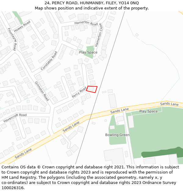 24, PERCY ROAD, HUNMANBY, FILEY, YO14 0NQ: Location map and indicative extent of plot