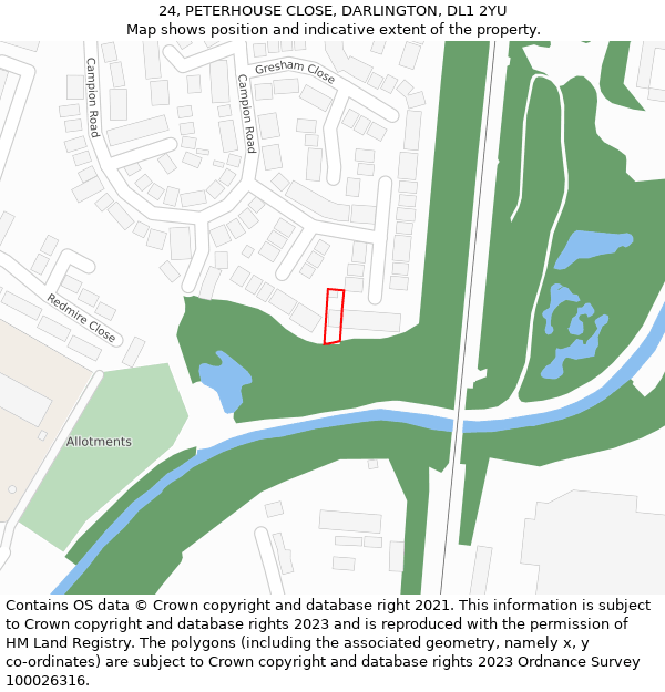 24, PETERHOUSE CLOSE, DARLINGTON, DL1 2YU: Location map and indicative extent of plot