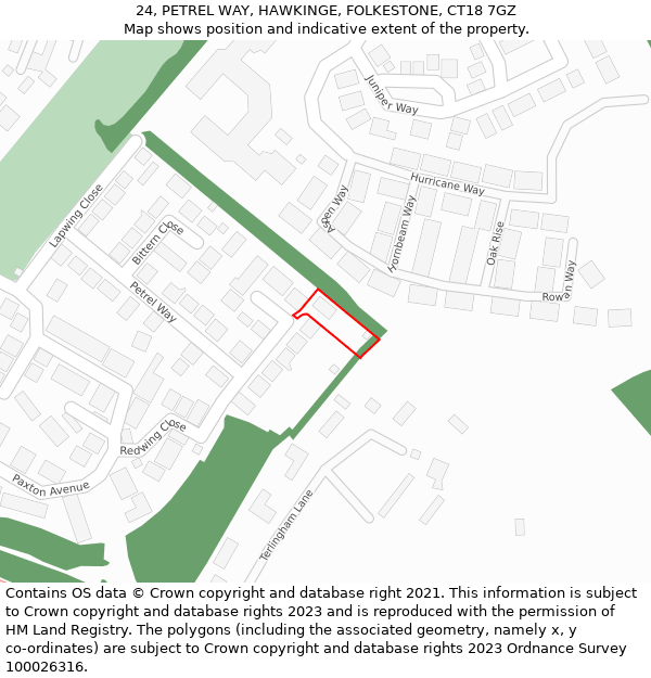 24, PETREL WAY, HAWKINGE, FOLKESTONE, CT18 7GZ: Location map and indicative extent of plot