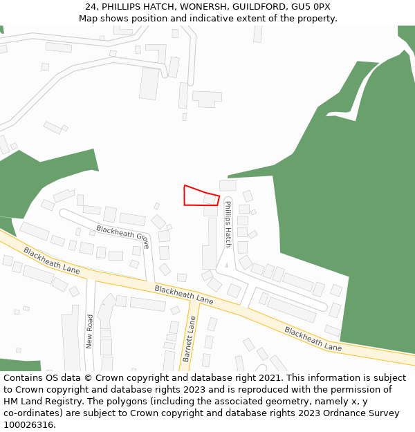 24, PHILLIPS HATCH, WONERSH, GUILDFORD, GU5 0PX: Location map and indicative extent of plot