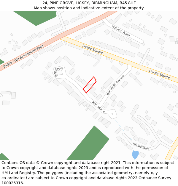 24, PINE GROVE, LICKEY, BIRMINGHAM, B45 8HE: Location map and indicative extent of plot