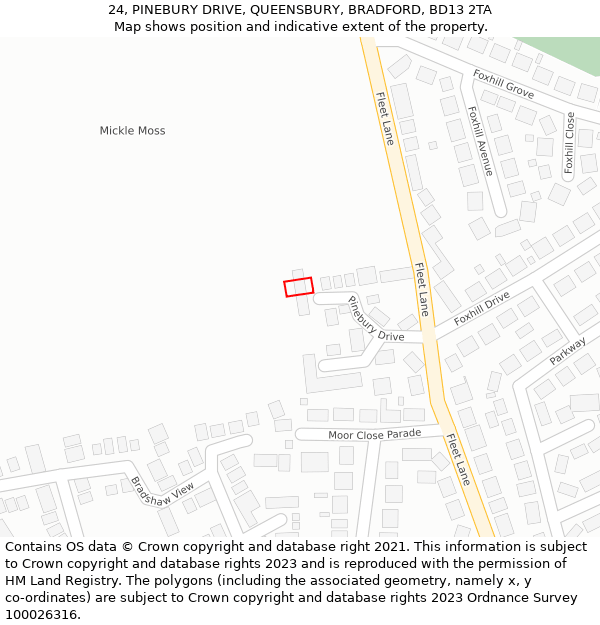 24, PINEBURY DRIVE, QUEENSBURY, BRADFORD, BD13 2TA: Location map and indicative extent of plot