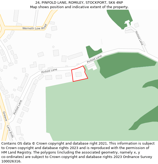 24, PINFOLD LANE, ROMILEY, STOCKPORT, SK6 4NP: Location map and indicative extent of plot
