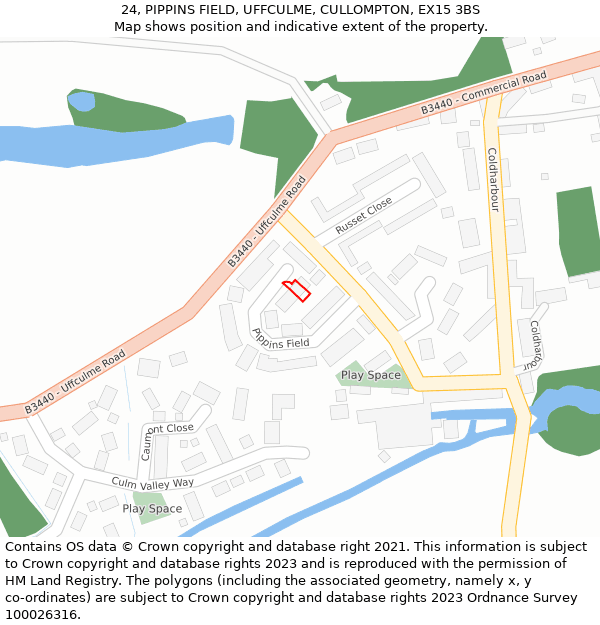 24, PIPPINS FIELD, UFFCULME, CULLOMPTON, EX15 3BS: Location map and indicative extent of plot