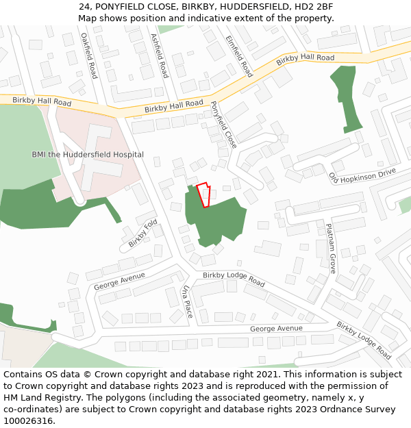 24, PONYFIELD CLOSE, BIRKBY, HUDDERSFIELD, HD2 2BF: Location map and indicative extent of plot